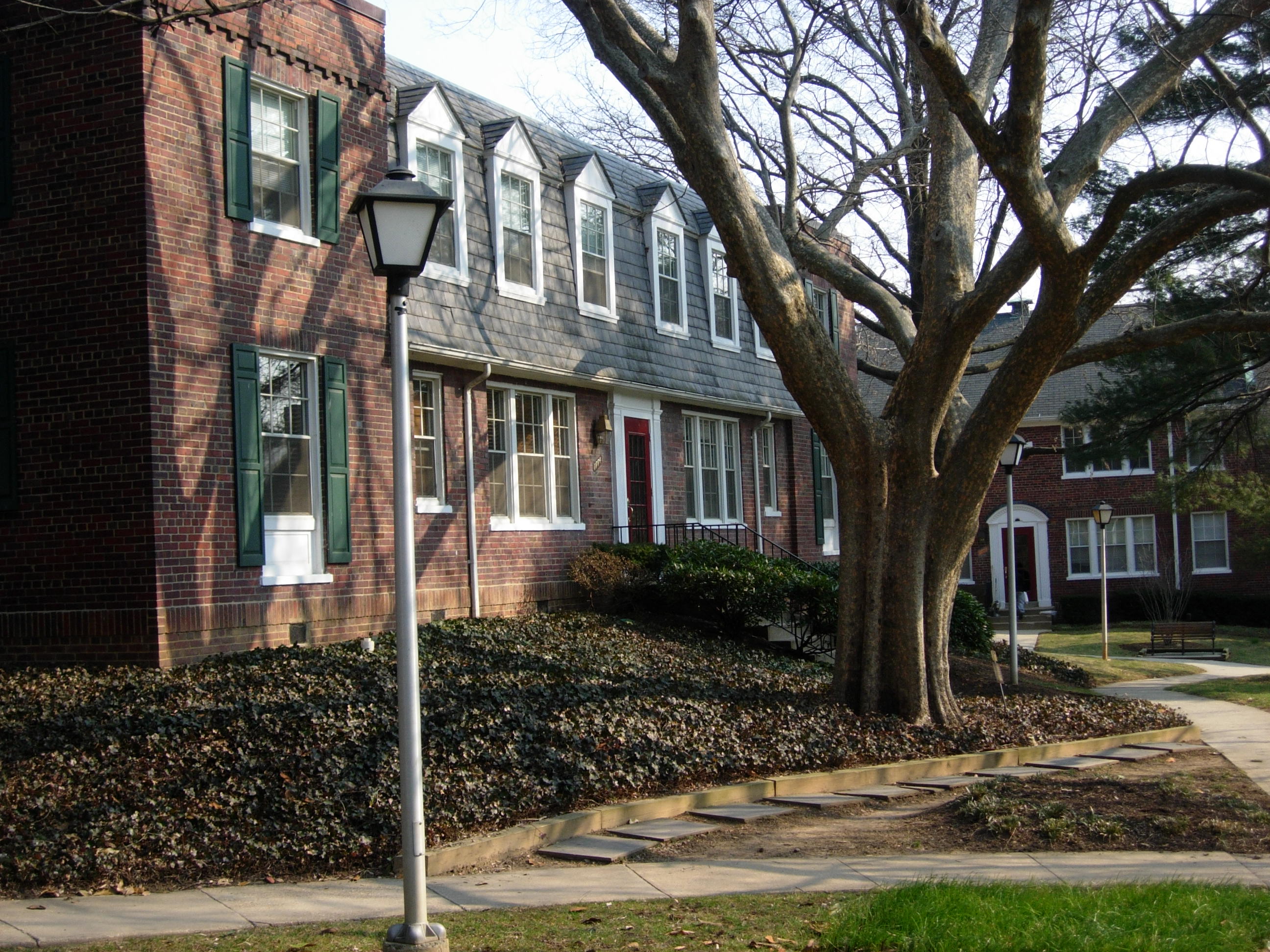 Red brick two level building with large tree in front of it, tree has no leaves